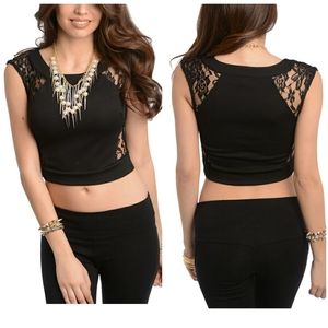 Black Floral Lace Sleeveless Club Wear Crop Tops